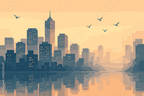 A serene urban skyline during sunrise with soft light and reflections