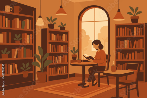 A serene café area within a bookstore that exudes a calming atmosphere for reading