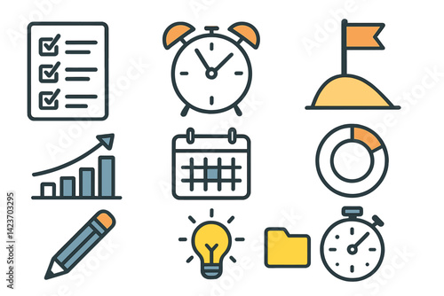 Icons symbolizing time management, planning, and task completion