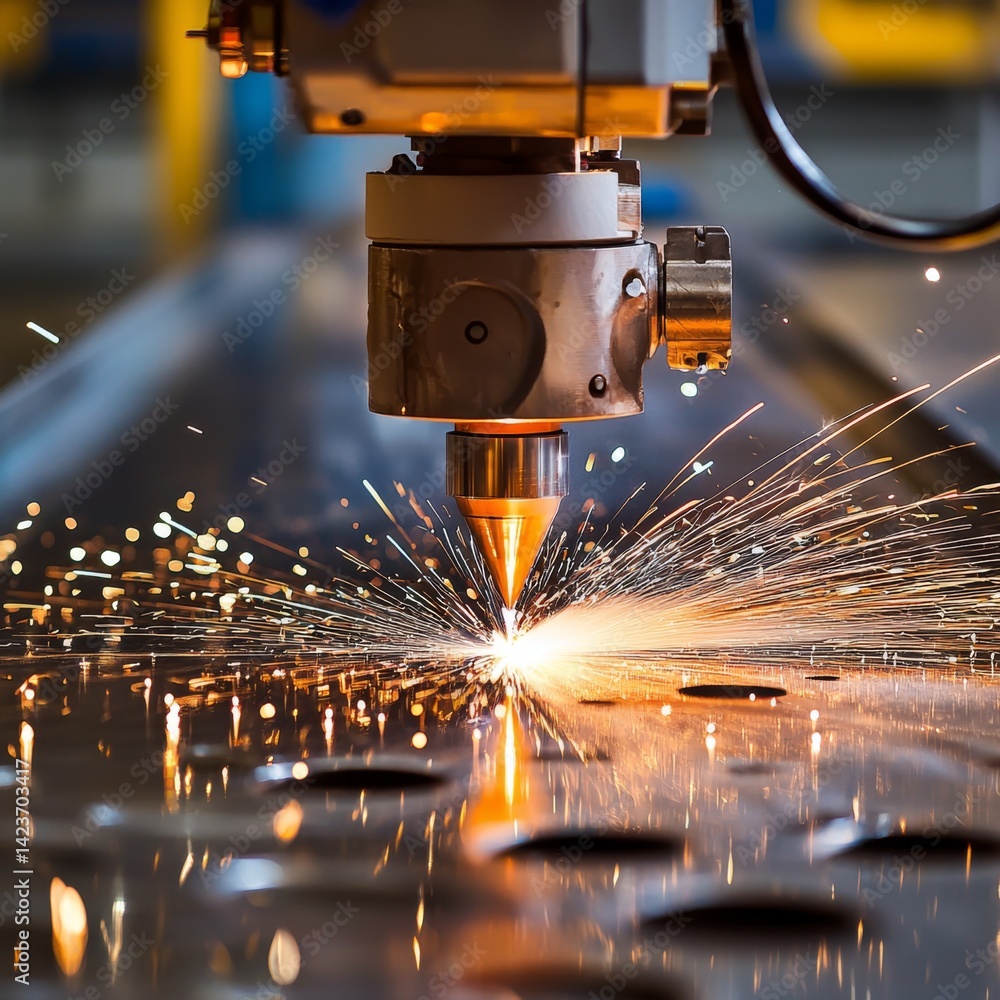 waterjet cutting metal sheet, surrounded by flying sparks in a workshop, highlighting the intersection of craftsmanship and technology waterjet cutting metal sheet, surrounded by flying sparks in a workshop, highlighting the intersection of craftsmanship and technology