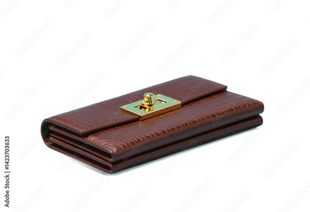 Brown Croc-Print Wallet with Gold Clasp, Transparent Background