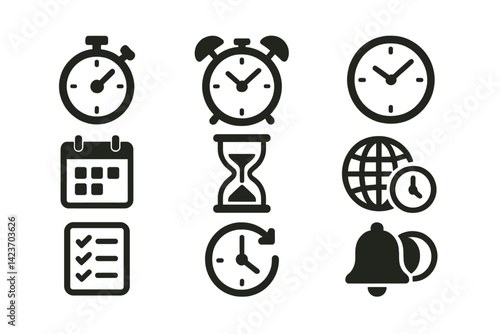 Icons related to timekeeping, planning, and scheduling
