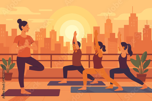 A city rooftop hosts a wellness scene where individuals practice yoga as sunrise approaches