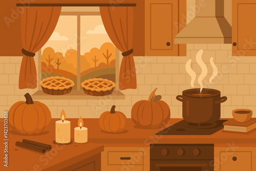 A cozy autumnal setting in the kitchen, complete with warm lighting, an abundance of food, and seasonal atmosphere