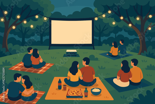A cozy outdoor cinema event with people relaxing and watching a film
