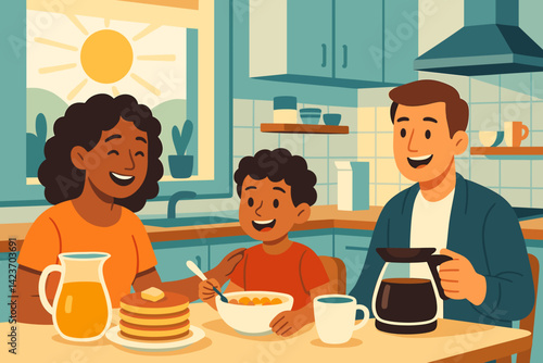 A cheerful breakfast scene with a family enjoying food together