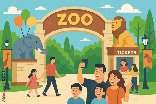 A lively zoo entrance with families, decorations, and animal displays