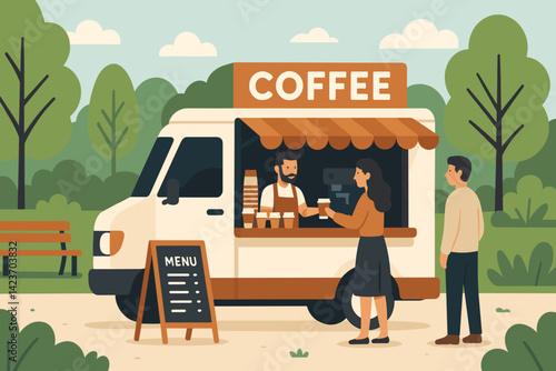 A van converted into a café on wheels provides coffee to individuals in an urban park