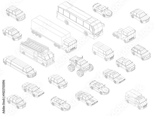A drawing of a busy street with many different types of vehicles, including cars, trucks, and buses. Isometric view. 3D.
