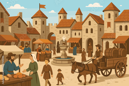 A historical village scene with traders, stone architecture, and townsfolk