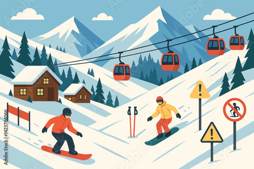 A winter resort scene with snow sports, cabins, and alpine nature