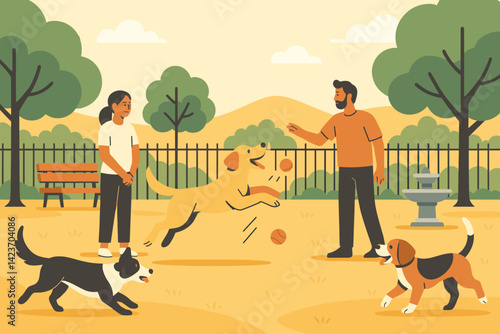 A dog park filled with sunshine where pets can run freely and their owners unwind beneath the trees