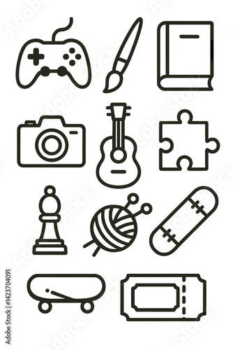 Items representing popular leisure activities and creative hobbies