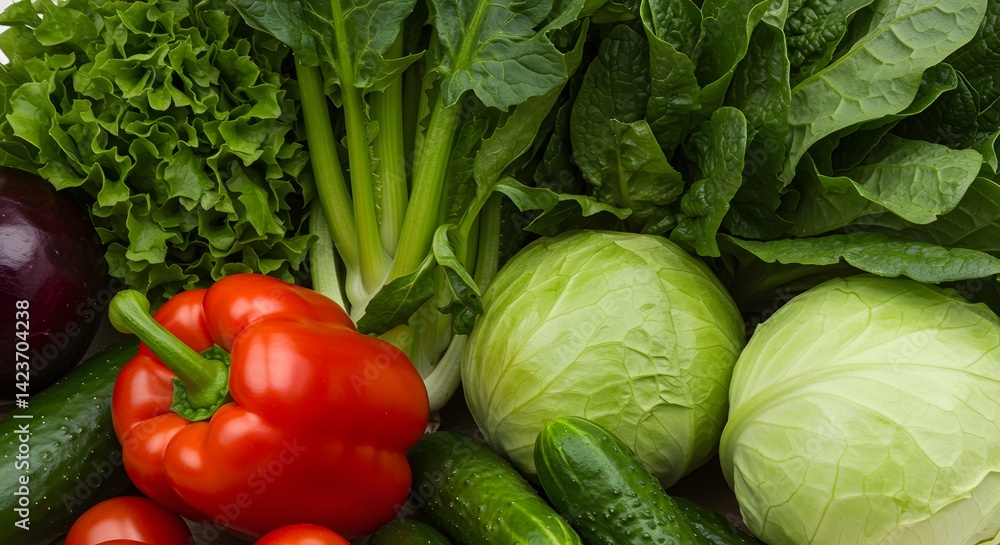 Fresh, ripe vegetables like red tomatoes and green cucumbers create a healthy vegetarian food display at the market Fresh, ripe vegetables like red tomatoes and green cucumbers create a healthy vegetarian food display at the market