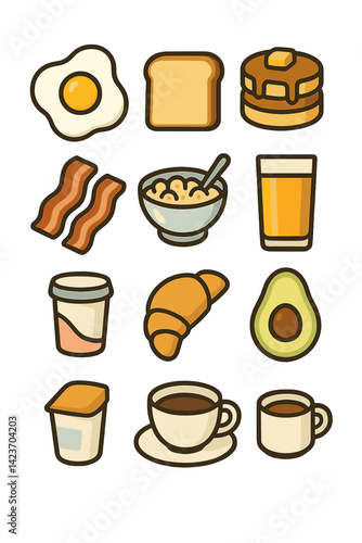 Typical breakfast dishes presented as clean, colorful icons