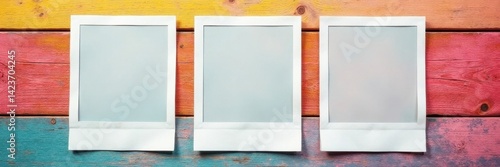 Three blank Polaroid frames on vibrant wood background, photography, still life, rustic