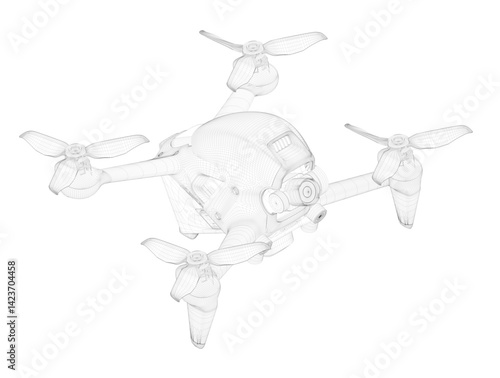 A black and white drawing of a quadcopter with four propellers. The drawing is of a drone with a camera on top. Isometric view. 3D