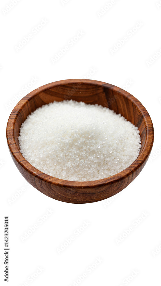 High-resolution wooden bowl filled with white granulated sugar, isolated on transparent background for food marketing and recipe blogs. High-resolution wooden bowl filled with white granulated sugar, isolated on transparent background for food marketing and recipe blogs.