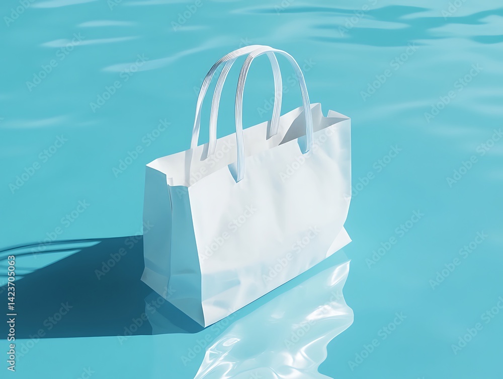 White Shopping Bag Floating on Textured Turquoise Water Surface Under Bright Studio Lighting