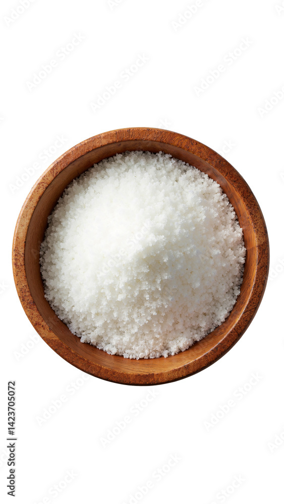 High-resolution wooden bowl filled with white sugar, isolated on transparent background for food marketing and recipe blogs. High-resolution wooden bowl filled with white sugar, isolated on transparent background for food marketing and recipe blogs.