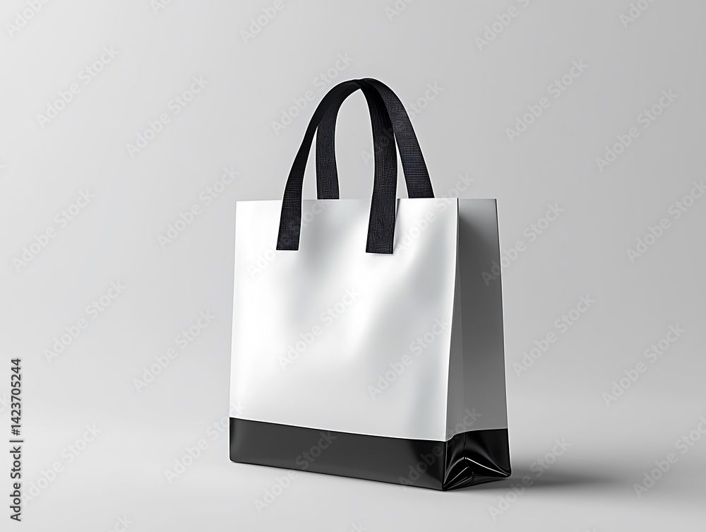 White Shopping Bag With Black Bottom And Handle Isolated On Light Grey Background