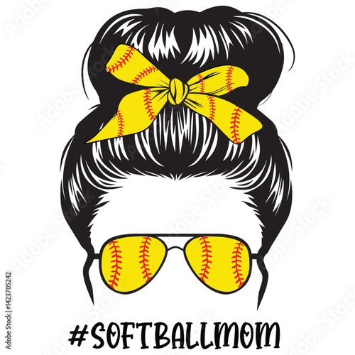 Softball Mom Messy Bun illustration vector, Mama Messy Bun Hairband clipart, Messy Bun Design For Women