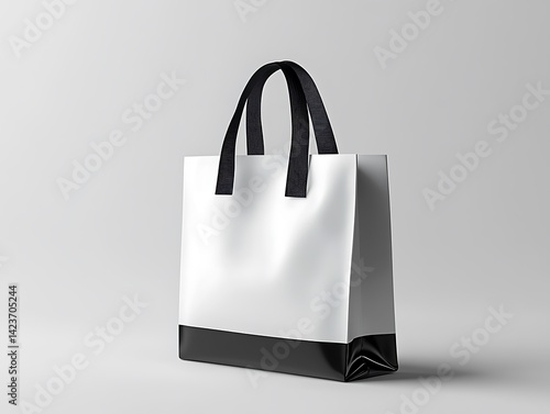 Obraz na płótnie White Shopping Bag With Black Bottom And Handle Isolated On Light Grey Background w salonie