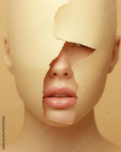 Emotion conflict inner mental. A surreal image of a face with a peeled exterior, revealing a smooth skin underneath, symbolizing transformation and identity.