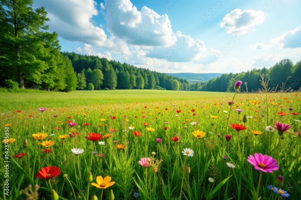 Lush Latvian meadow ablaze with wildflowers at Midsummer , botany, native, vibrant Lush Latvian meadow ablaze with wildflowers at Midsummer , botany, native, vibrant