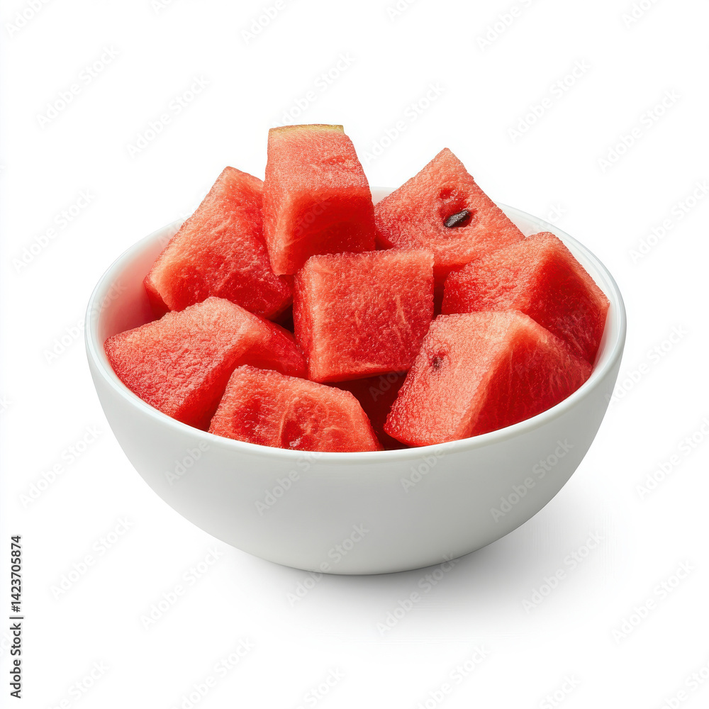 A bowl filled with neatly cubed watermelon pieces, showcasing their juicy, rich red color and fresh texture, isolated on a clean white background for a crisp presentation. A bowl filled with neatly cubed watermelon pieces, showcasing their juicy, rich red color and fresh texture, isolated on a clean white background for a crisp presentation.