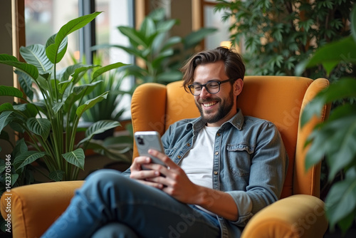 Handsome man relaxing on comfy armchair among home plants holding in hands smartphone. No stress, home owner, modern tech usage, fun concept. AI