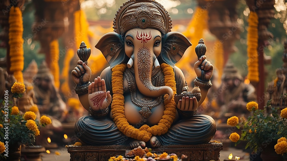 Fototapeta premium Ornate statue of Ganesha, Hindu deity, amidst festive decorations.