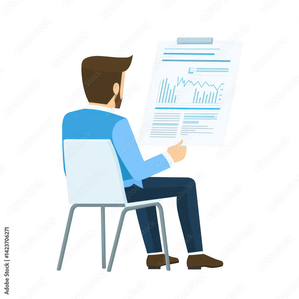 A man sitting on a chair, reviewing a document with charts and graphs. He appears focused on data analysis, symbolizing business and decision-making. A man sitting on a chair, reviewing a document with charts and graphs. He appears focused on data analysis, symbolizing business and decision-making.