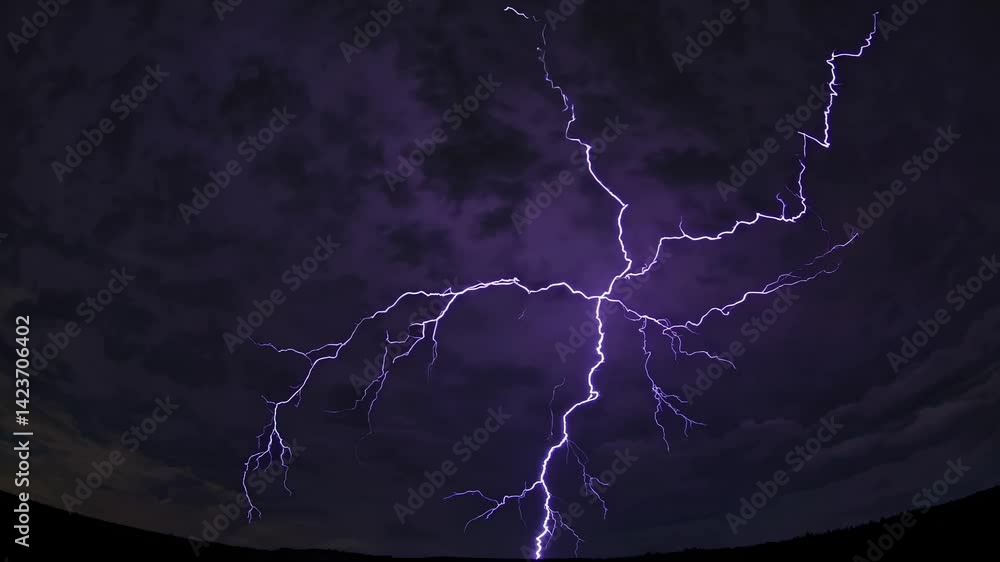 Dramatic fisheye view of a lightning bolt against a purple sky, capturing the raw power of nature. Ideal for a storm-themed video backdrop. Live desktop wallpaper.