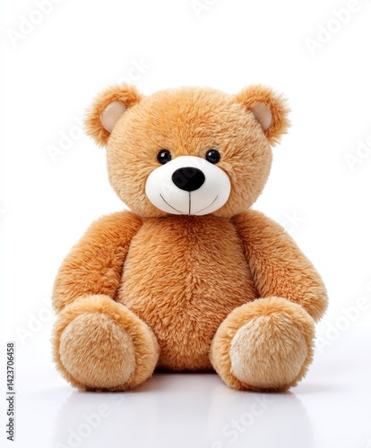Soft tan teddy bear sitting upright with a white smile and black nose on white surface