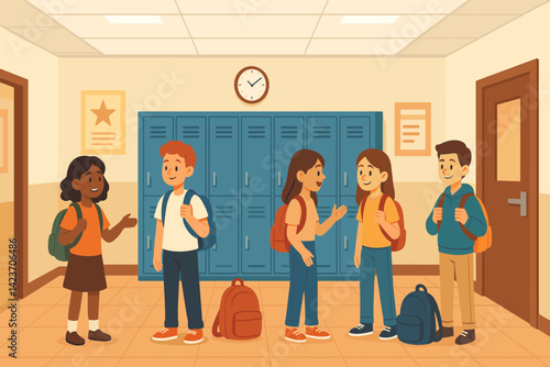 A lively school corridor with lockers, students, and educational posters