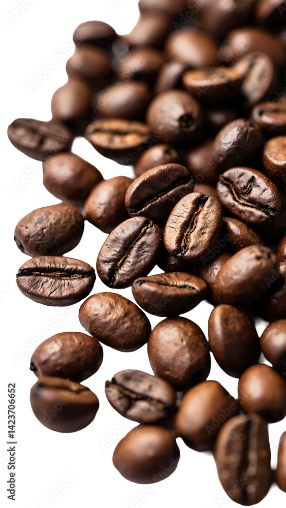 Premium Freshly Roasted Coffee Beans Isolated on Transparent Background for Commercial Use in Advertising and Marketing