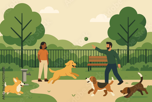 A sunny dog park where pets run and owners relax under trees