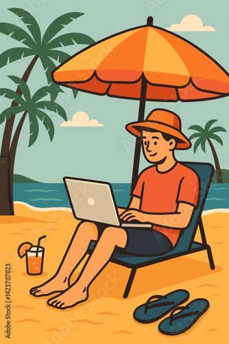 A freelancer working remotely from a tropical beach with a laptop