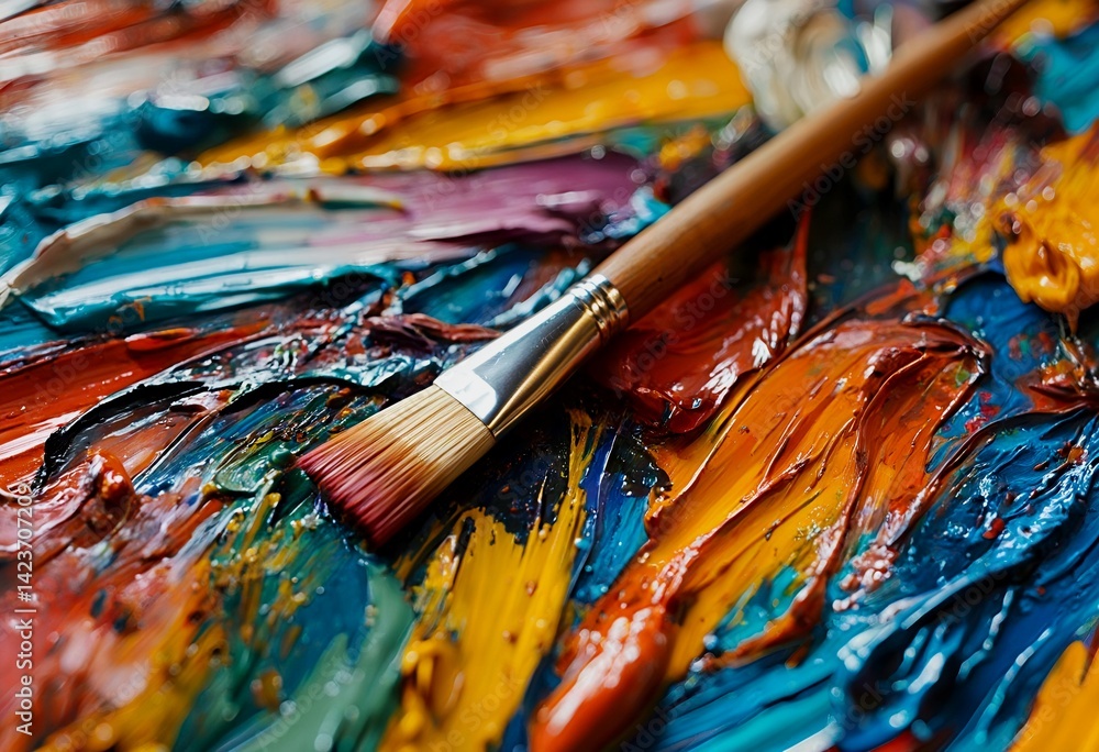 Fototapeta premium a close-up view of a paint brush resting on a palette thickly coated with vibrant, mixed oil paints in shades of orange, blue, yellow, and purple.