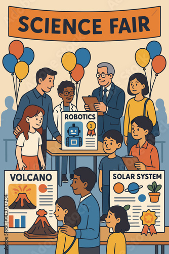 A science fair at school featuring exhibits by students, a panel of judges, and various decorations