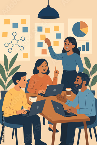 A modern workspace with a team discussing ideas, charts, and laptops