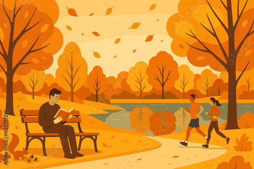 A vibrant and refreshing autumnal park setting filled with serene activity