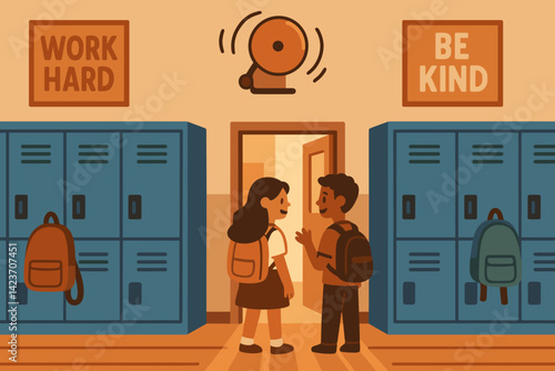 A lively school corridor during transition between classes