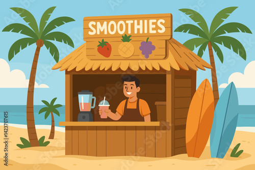 A tropical snack hut serving colorful fruit smoothies near the ocean