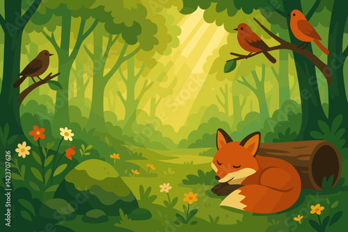 A serene natural clearing in the forest full of life and light