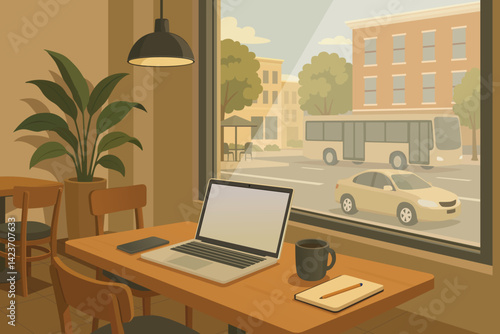 Cafe workspace interior with big window overlooking traffic road