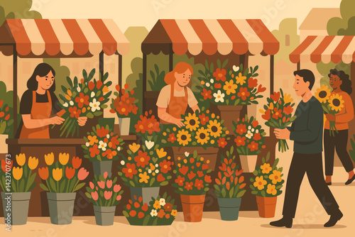 A vibrant and thriving marketplace filled with an array of flowers and lush greenery