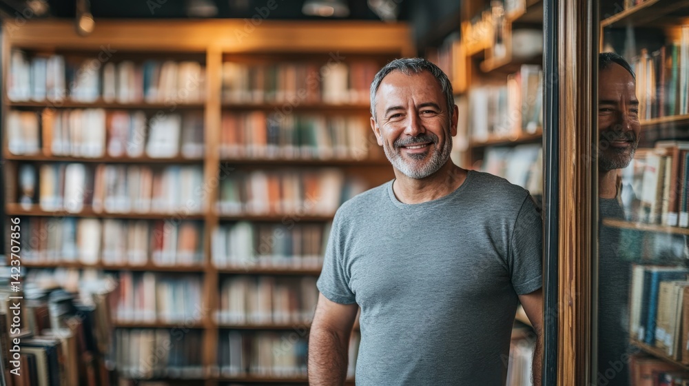 Smiling Mature Man in Library with Books, Intellectual and Inspirational Atmosphere Smiling Mature Man in Library with Books, Intellectual and Inspirational Atmosphere