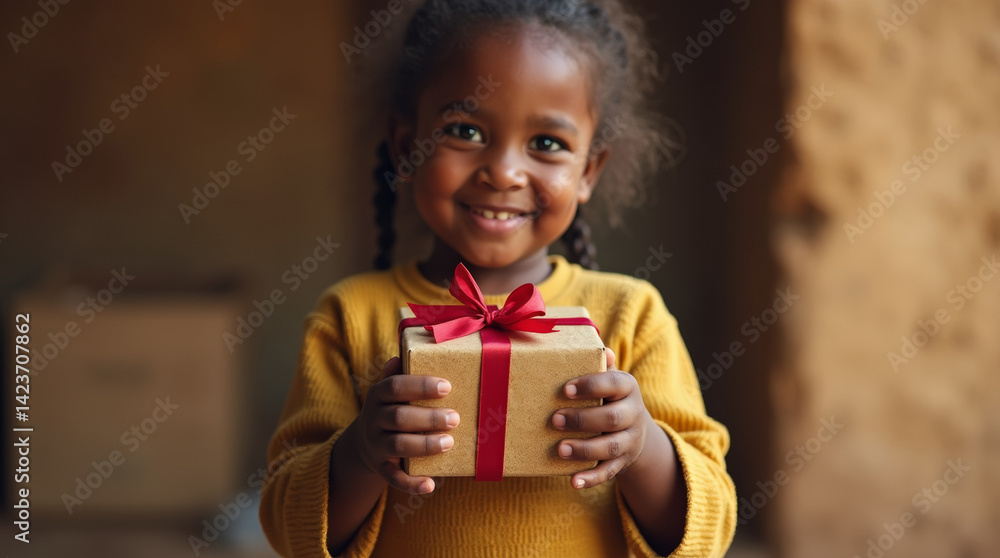 Close up of gift box with red ribbon in hands of african girl, selective focus Close up of gift box with red ribbon in hands of african girl, selective focus